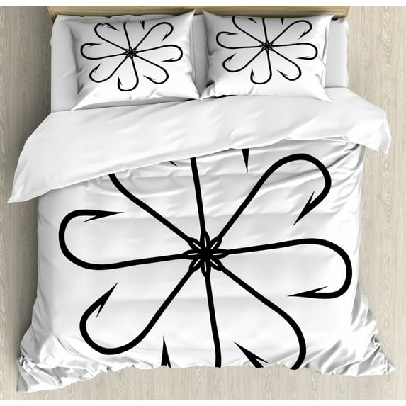 Fishing Duvet Cover Set King Size, Flower Shaped Artisan Steel Multi Hook Gaff in Row New Needle Device Figure Print, Decorative 3 Piece Bedding Set with 2 Pillow Shams, Black White, by Ambesonne