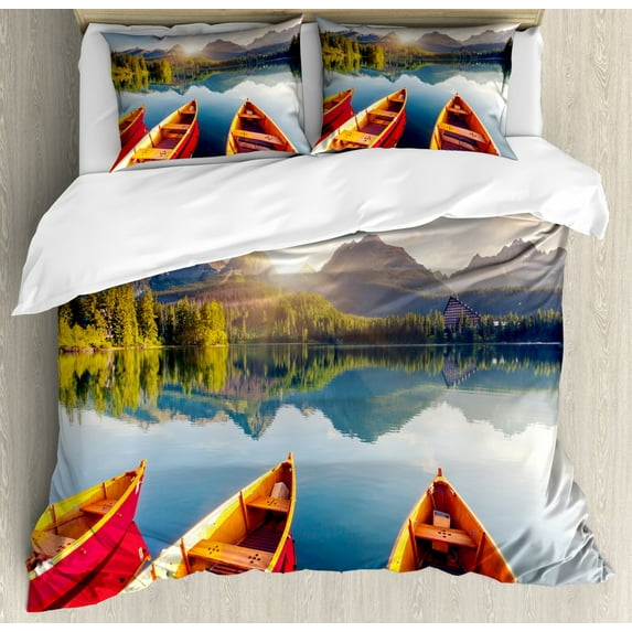 Fishing Duvet Cover Set King Size, Mountain Lake in National Park Slovakia Sailboats European Ecology Nature Print, Decorative 3 Piece Bedding Set with 2 Pillow Shams, Multicolor, by Ambesonne