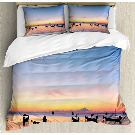 Fishing Duvet Cover Set, Sunset on Sea with Silhouette Ships at Suratthani Bay Relaxation Art, Decorative 3 Piece Bedding Set with 2 Pillow Shams, King Size, Blue Yellow Coral, by Ambesonne