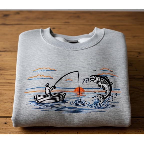 Fishing Embroidered Sweatshirt – Angler and Big Fish Pullover, Outdoor Cotton Top