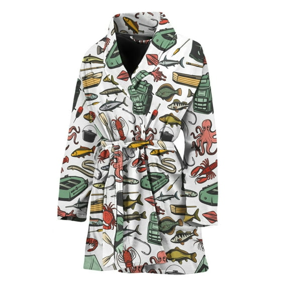 Fishing Equipment Pattern Women Bathrobe One Size Univeral Fits, Fish Fishing Fashion Lightweight Plush Fleece Long Robe For Women