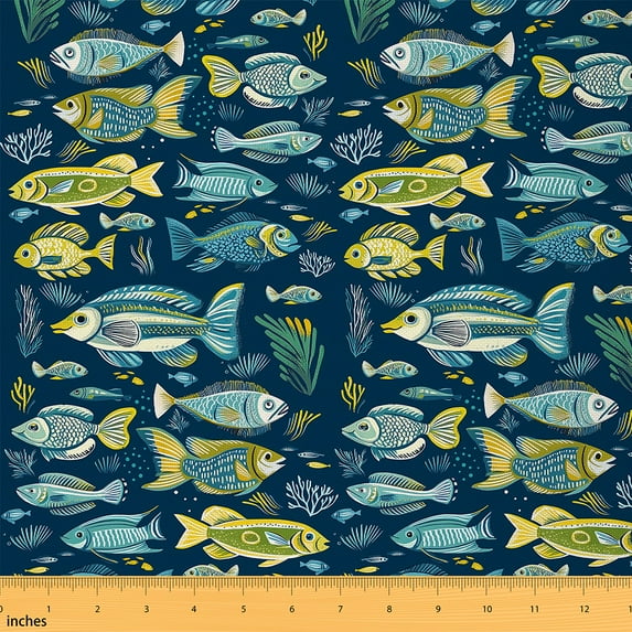 Fishing Fabric By The Yard,Cartoon Colorful Fish Upholstery Fabric,Tropical Sealife Decorative Fabric,Marine Fish Seaweed Indoor Outdoor Fabric,Indigo Green,3 Yards