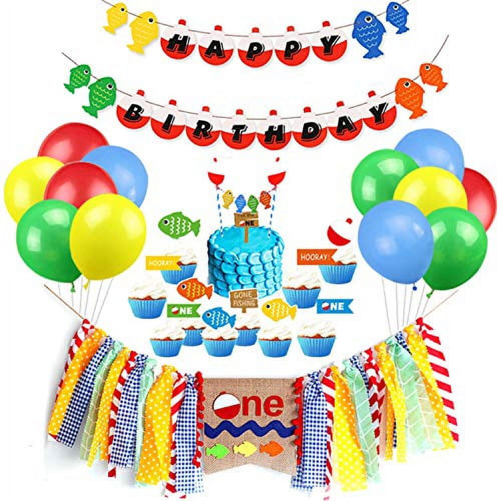 Fishing First Birthday Party Decorations, Fishing Happy Birthday Banner, One  Highchair Banner, Cake Topper and Colorful Balloons for Baby GILR Boy  Fishing 1st Birthday Party Supplies Decorations 
