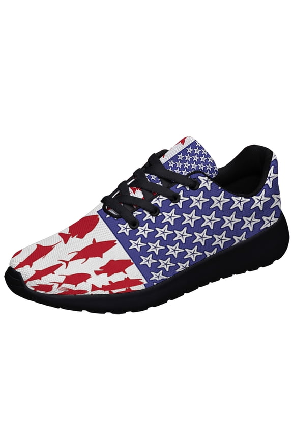 Fishing Fish July 4th Patriotic American flag Shoes Sneakers Black Size 7.5