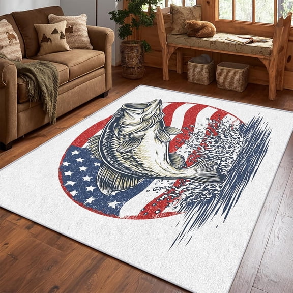 Fishing Fish Wildlife Area Rug, Outdoor Theme Design Carpet, Washable Non Slip Soft Low Pile, Living Room Bedroom Kitchen Office Mat 5x8ft