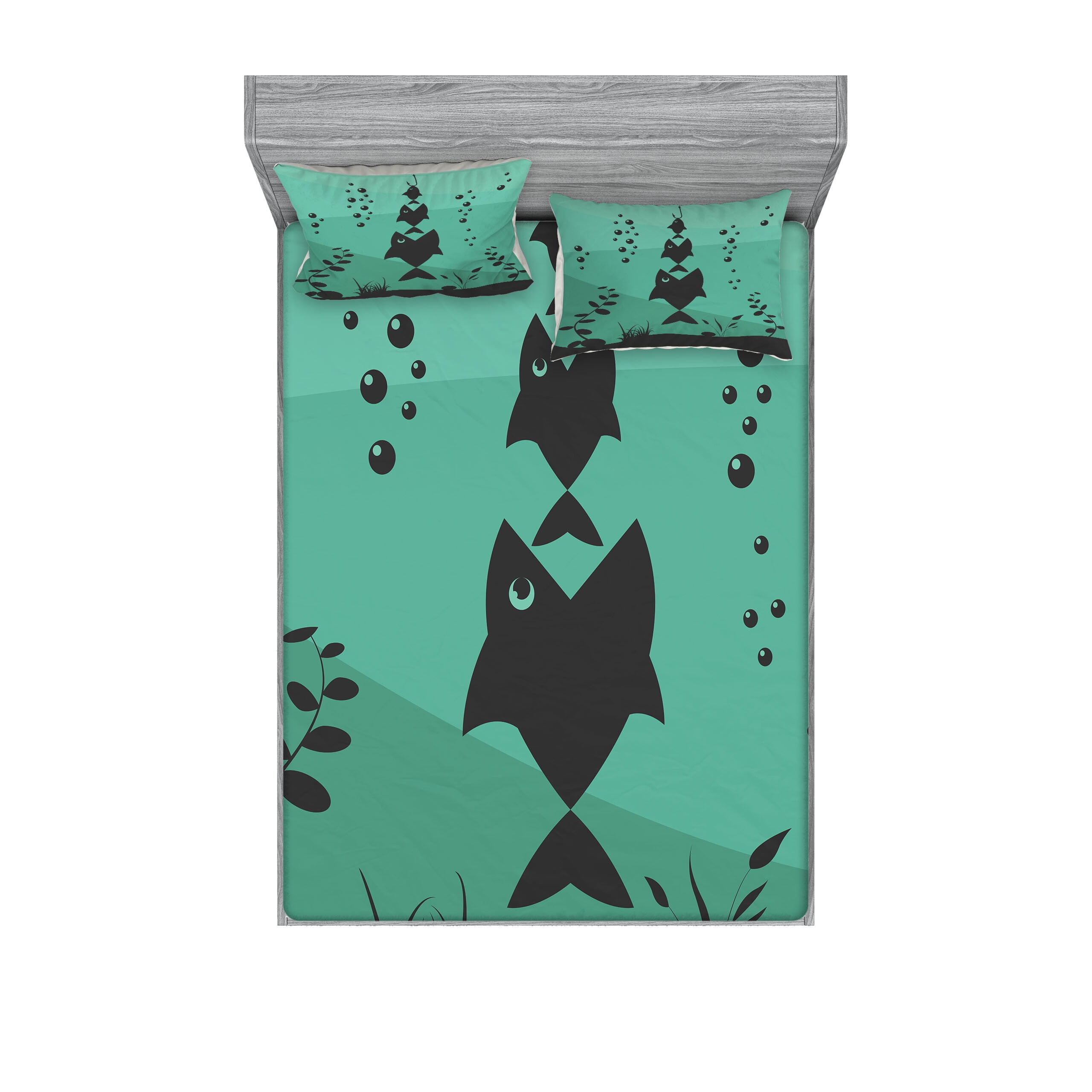 Fishing Fitted Sheet & Pillow Sham Set, Big Fish Eats Little Small in ...
