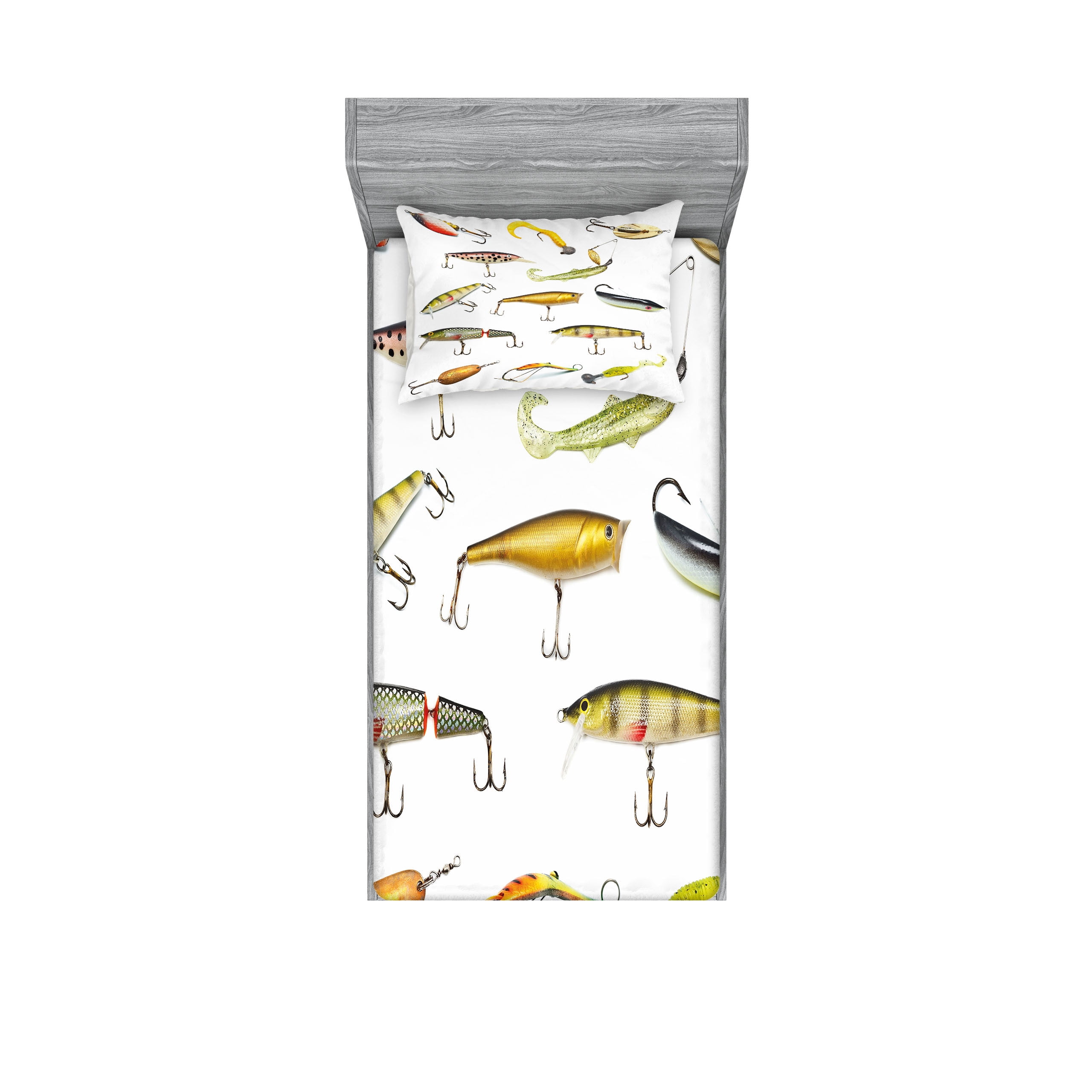Fishing Fitted Sheet & Pillow Sham Set, Fishing Tackle Bait for ...
