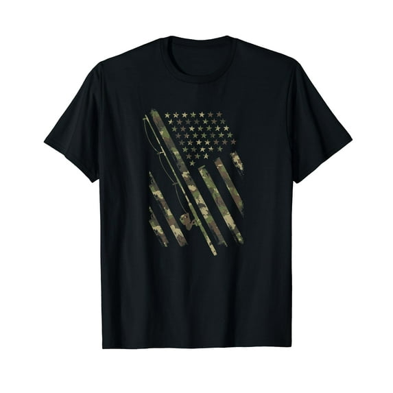 Fishing Flag Camouflage USA Flag for Bass Fisherman Black Crew Neck T-Shirt