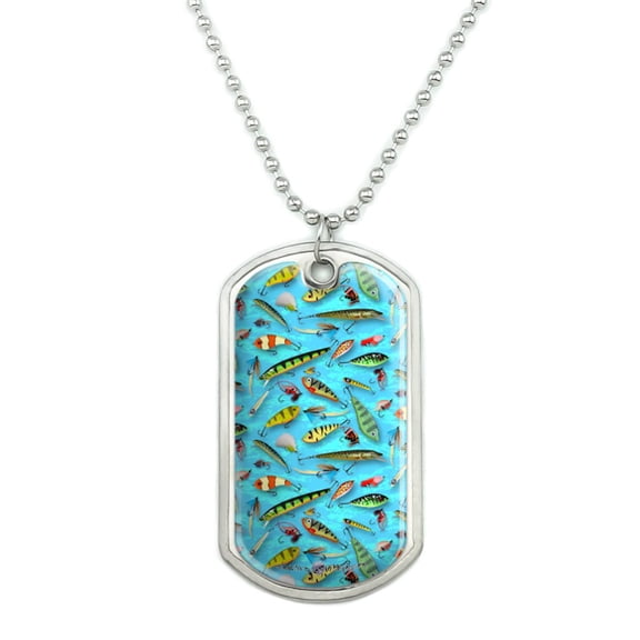 Fishing Flies Lures Fish Pattern Military Dog Tag Pendant Necklace with Chain