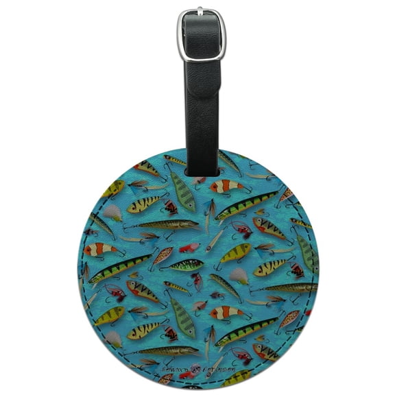 Fishing Flies Lures Fish Pattern Round Leather Luggage Card Suitcase Carry-On ID Tag