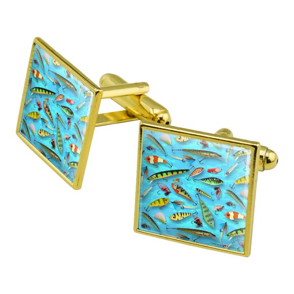 Fishing Flies Lures Fish Pattern Square Cufflink Set - Silver or Gold