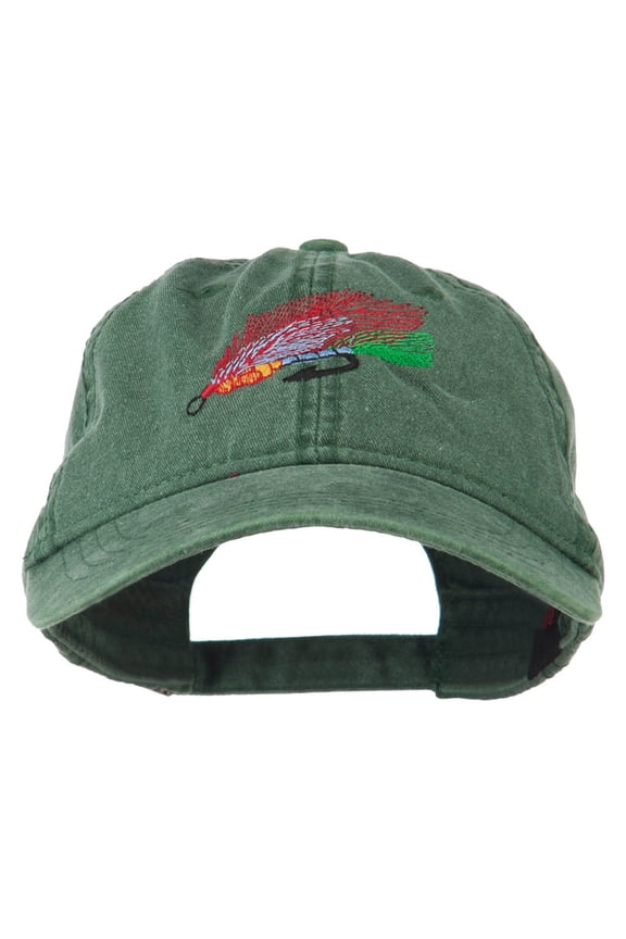 Fishing Fly Embroidered Washed Cap - Dark Green OSFM