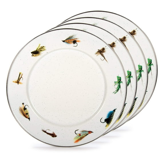 Golden Rabbit Enamelware Fishing Fly Pattern - Set of 4 - 8.5 inch Sandwich Plates - Golden Rabbit Enamelware