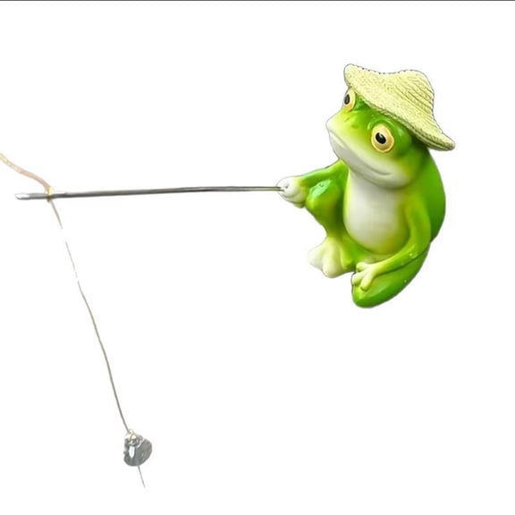 Fishing Frog Statue Resin Painted Frog Figurine Leisurely Fishing Pose Sculpture Vivid Fishing Line Hook Ornament for Pond Side Garden Pot Decoration