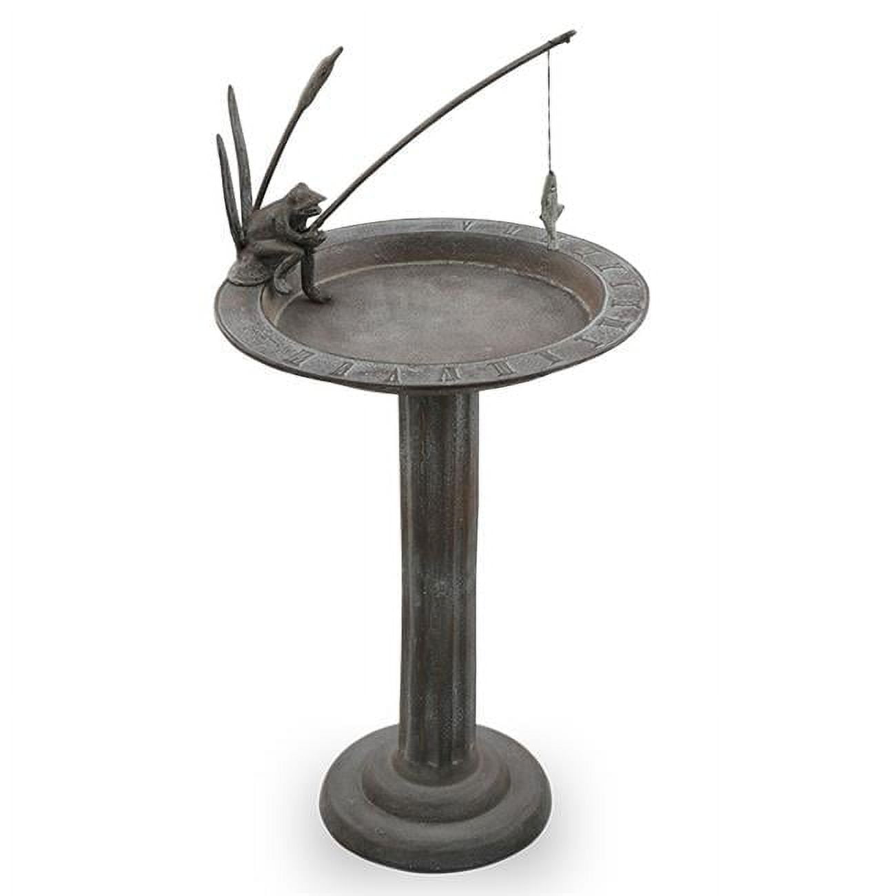 Bronze Fishing Frog Cast Aluminum Sundial Birdbath, 31 Inches Tall