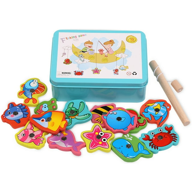Fishing Game Toy with Iron Box Fishing Toy Montessori Educational Wooden Fishing