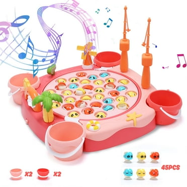 Fishing Game Toy Set with Rotating Board with Music Includes 45 Fish and 2 Fishing Poles Toy for Toddlers Kids Pink