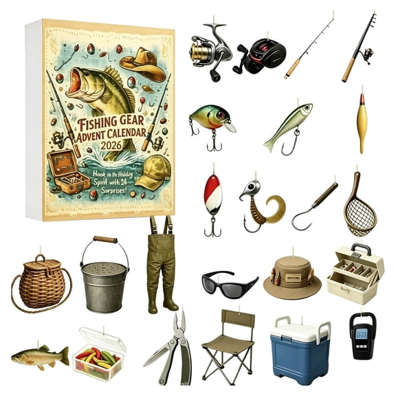 Fishing Gear Advent Calendar 2026, 24 Days Countdown with 2D Acrylic Fishing Tackle Ornaments, Lures & Rod Pendant Set, Mystery Gift Box for Anglers,Outdoor Enthusiasts