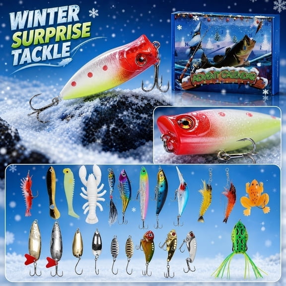 Fishing Gear Advent Calendar, 2026 Advent Calendar, 24Pc Fishing Lures Kit, Fishing Tackle Kit with Soft Plastic Baits, Fishing Accessories Set with Fishing Hooks, Fishing Spoons,