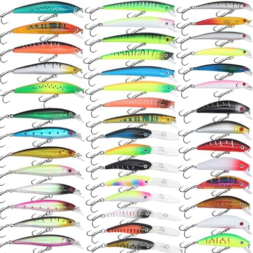 Fishing Gear Fishing Lures Kit Mixed Including Minnow Popper Crank Baits with Hooks for Saltwater Freshwater Trout Bass Salmon Fishing Shallow Deep Diving Flat Side Crankbaits
