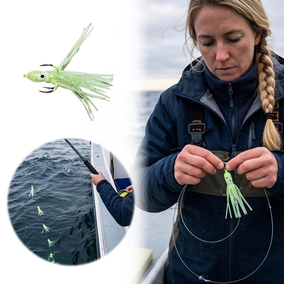 Fishing Gear Illuminated Squid Hooks for Night Use - Four Prong Glow In The Dark Hooks with Compact Aluminum Design