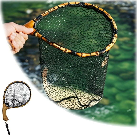 Fishing Gear for Fly Fishing Enthusiasts - Lightweight Release Landing Net with Wooden Handle Frame and Rubber Coated Mesh for Catch and Release