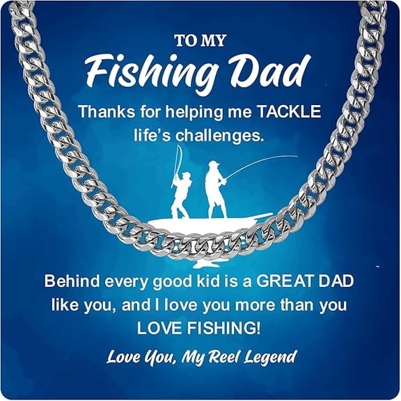 Fishing Gifts for Dad from Daughter & Son, Happy Birthday Necklace for Fathers Day, Hunting Dads Gifts, Father Daughter Necklace Fishing Dad with Massage Card & Gift Box, Cuban Chain Necklace