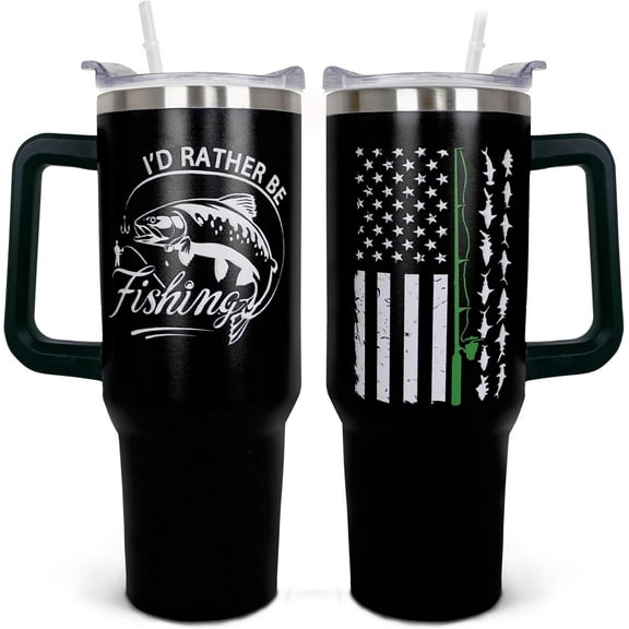 Fishing Gifts for Men, Gifts for Fisherman, 40 oz Fishing Tumbler with Handle and Straw, Reusable Stainless Steel Coffee Mug with Leak Proof, Father''s Day Gift Ideas