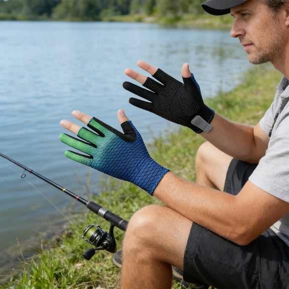 Fishing Gloves, Camouflage Outdoor Half Finger Gloves with Breathable Fabric & Non - Slip Grip for Sun Protection, 7.5" x 3.7", Blue, JASKFLY