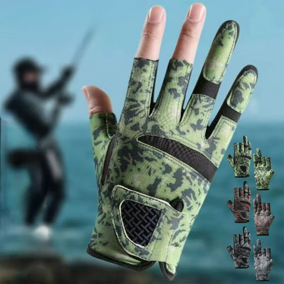 Fishing Gloves Half Finger Camouflage | Non Slip Silicone Grip | Breathable Sun Protection | Outdoor Cycling Tying Lures | Polyester | 1 Pair | 19.8x10cm | Summer Use
