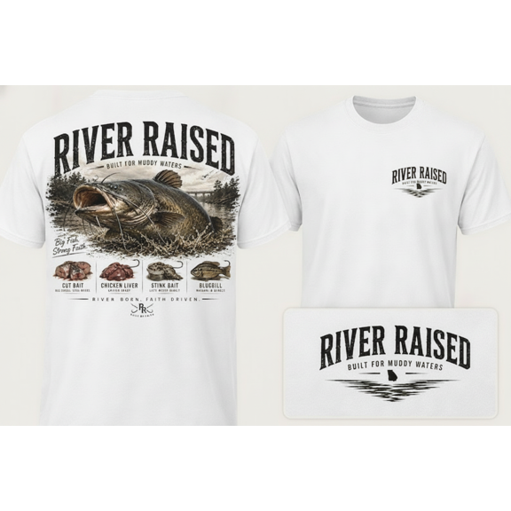 Fishing Graphic Tee River Raised Catfish Print Southern Outdoorsman Short Sleeve Cotton Shirt
