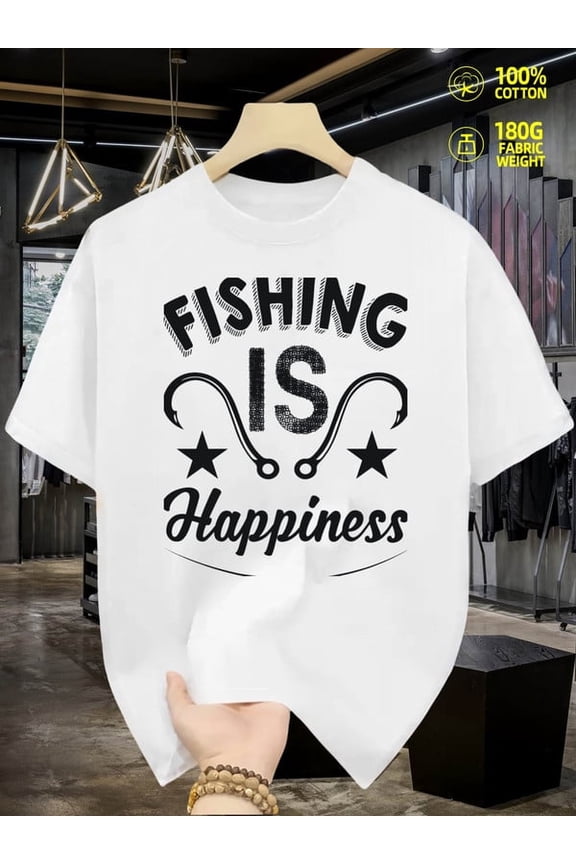 Fishing Happiness Tee fish plain graphic t shirts for men 180G 100% Cotton white Regular fit, casual wear for all seasons, ideal for gifts Daily and weekend wear Soft and comfortable fishing for men