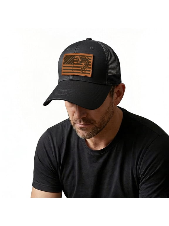 Bass Fishing Trucker Hat for Men, American Flag Leather Patch Adjustable Snapback Cap, Outdoor Fishing Hat, Christmas Gift for Dad Fisherman