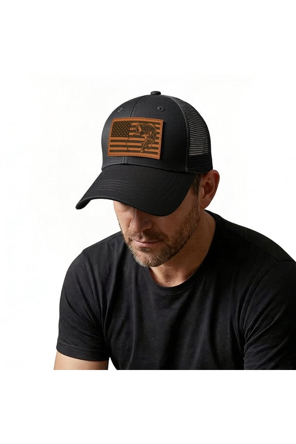Fishing Trucker Hat for Men, Bass Fish American Flag Leather Patch Snapback Cap, Adjustable Outdoor Fishing Gear