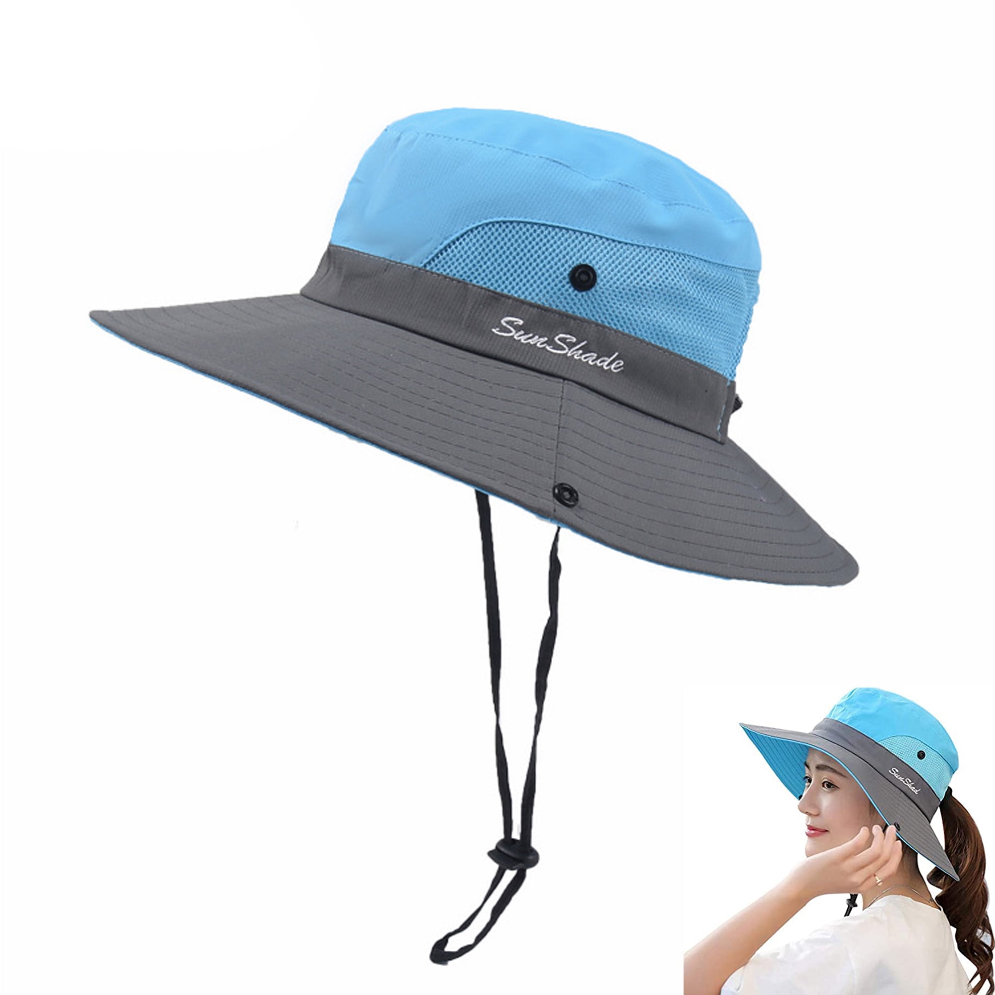 Fishing Hat Sun UV Protection UPF 50+ Sun Hat Bucket Summer Men Women Large  Wide Brim Bob Hiking Outdoor Hat with Chain Strap,Blue gray 