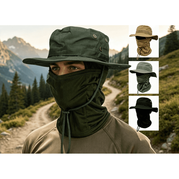 Fishing Hats for Men with Cooling Balaclava Face Mask Set Foldable Wide Brim Boonie Bucket Sun Hats for Men Women Hunting Mesh Beach Cap