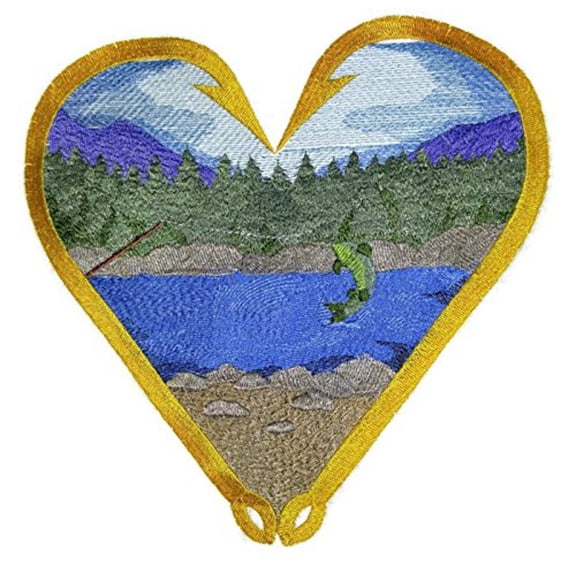 Fishing Heart Fighting Fish Embroidered Iron On/Sew patch [8" x 7.7"]