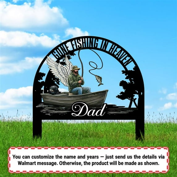 Fishing In Heaven Memorial Grave Marker – Personalized Garden Stake for Dad – Custom In Memory Fisherman Plaque, Outdoor Cemetery Decor, Father’s Day Sympathy Gift (20 inches)