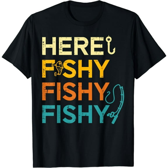 Fishing Here Fishy Retro Fish Lover Fisherman Men Women Kids T-Shirt