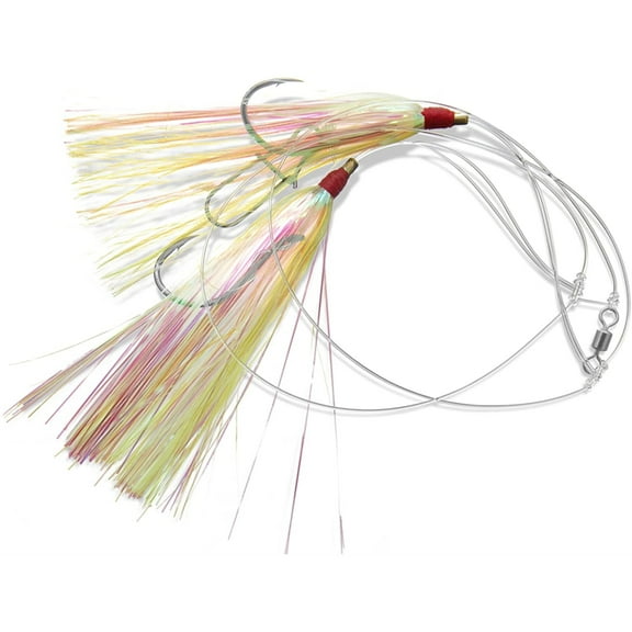 Fishing Hi-Lo Rig – Chartreuse Mylar Teaser – BKK Black Size 3/0 Octopus Hook - 30lb Heavy Duty Mono 2ft Long - Black Duo-Lock Snaps