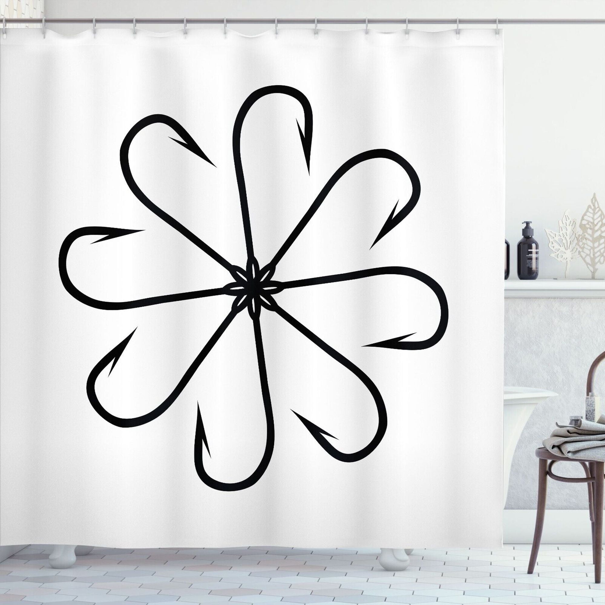 "Fishing Hook Figure" White Shower Curtain Reel in Style for Your