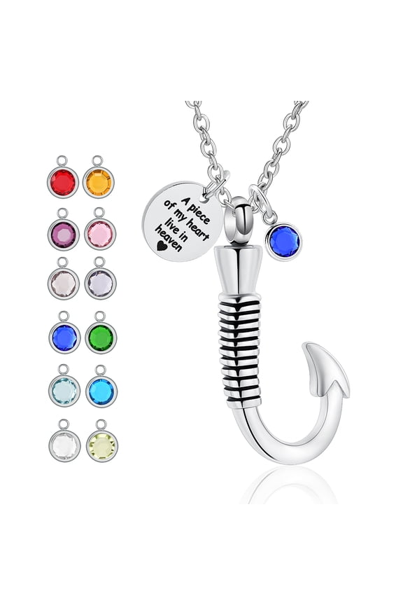 Fishing Hook Urn Necklace for Ashes Fish Hook Stainless Steel Cremation Jewelry with 12 Birthstones Memorial Pendant Keepsake for Women Men