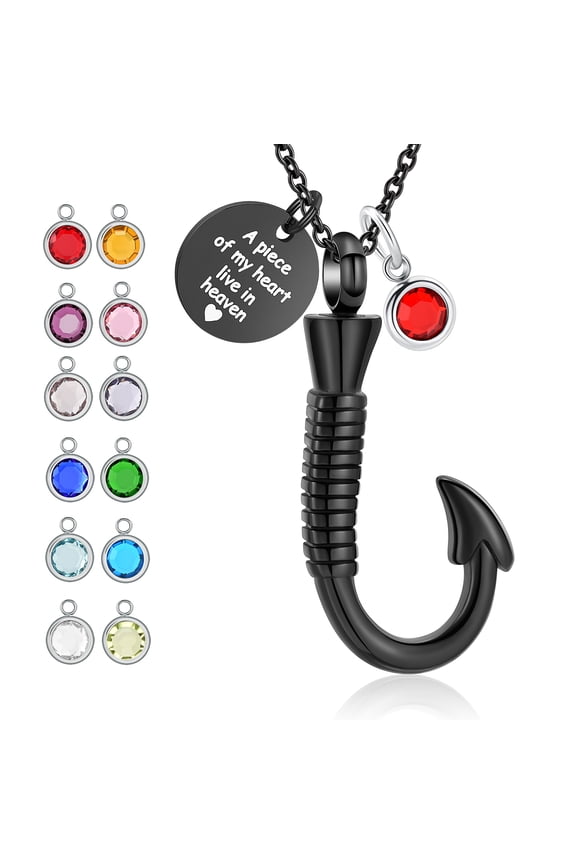 Fishing Hook Urn Necklace for Ashes with 12 Birthstones Fish Hook Stainless Steel Urn Cremation Jewelry Ash Keepsake Memorial Pendant for Women Men