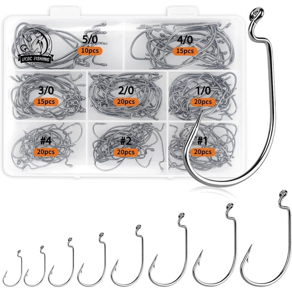 Fishing Hooks, 140PCS/ 100PCS/ 60PCS EWG Offset Worm Hooks Bass Hooks Wide Gap 2X Strong Senko Bait Texas Rig Jig Fish Hooks for Bass Trout Saltwater Freshwater Size:#4#2#1 1/0 2/0 3/0 4/0 5/0