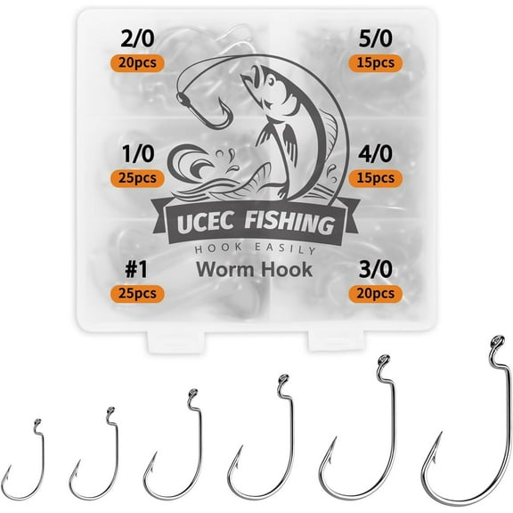 Fishing Hooks, 140PCS/ 100PCS/ 60PCS EWG Offset Worm Hooks Bass Hooks Wide Gap 2X Strong Senko Bait Texas Rig Jig Fish Hooks for Bass Trout Saltwater Freshwater Size:#4#2#1 1/0 2/0 3/0 4/0 5/0