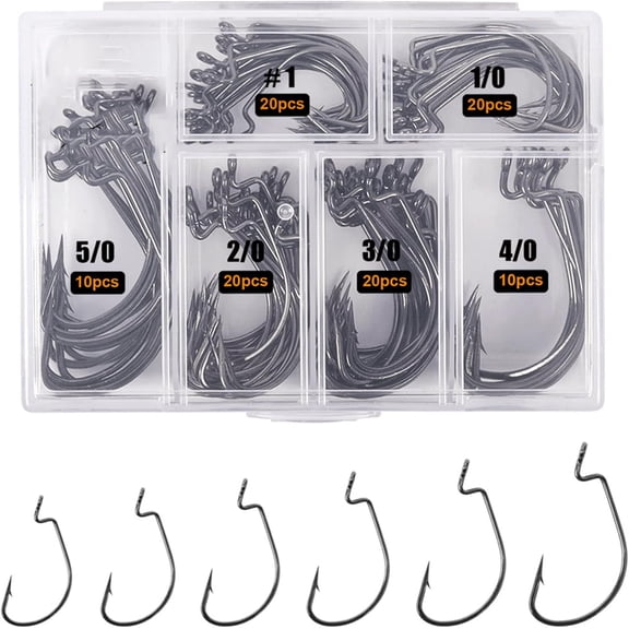 "Fishing Hooks (140PCS/100PCS/60PCS) EWG Offset Worm Hooks Bass Hooks Wide Gap 2X Strong Senko Bait Texas Rig Jig Fish Hooks for Bass Trout Saltwater Freshwater Size: #4 #2 #1 1/0 2/0 3/0 4/0 5/0