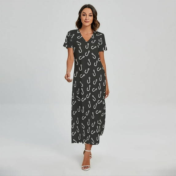 Fishing Hooks Pattern Printed Short Sleeve Maxi Dress, Fish Fishing Fashion Summer Maxi Dress For Women
