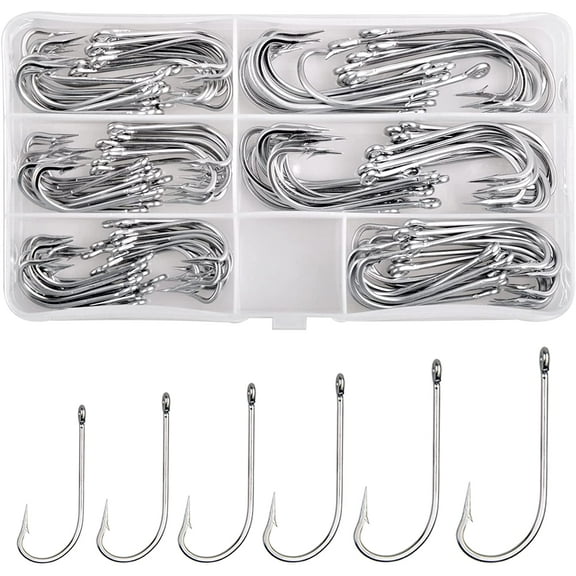 Fishing Hooks Saltwater O'shaughnessy Hooks Kit, 120pcs Stainless Steel Fishing J Hooks Forged Long Shank Trollling Hooks for Saltwater Freshwater Fishing