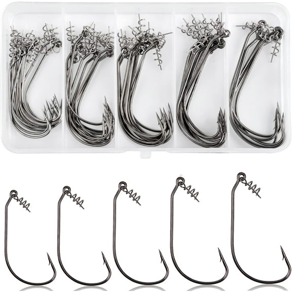 Fishing Hooks Twistlock Hooks Kit 55pcs Bass Swimbait Fishing Hooks Weighted Wide Gap Worm Hook with Centering Spring pin Kit for Soft Plastics Lures Saltwater Freshwater