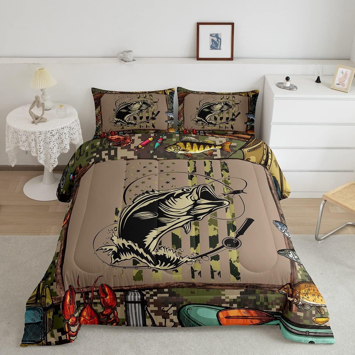 Fishing and Hunting Comforter Set Camo American Flag Fishing Bedding